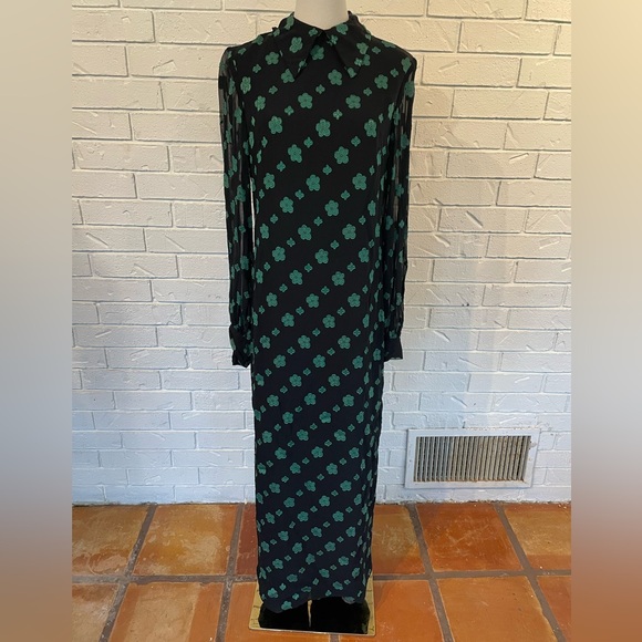 Vintage 60s Jon Mandl Mod Black Green Retro Floral Formal Maxi Dress M - Picture 1 of 17